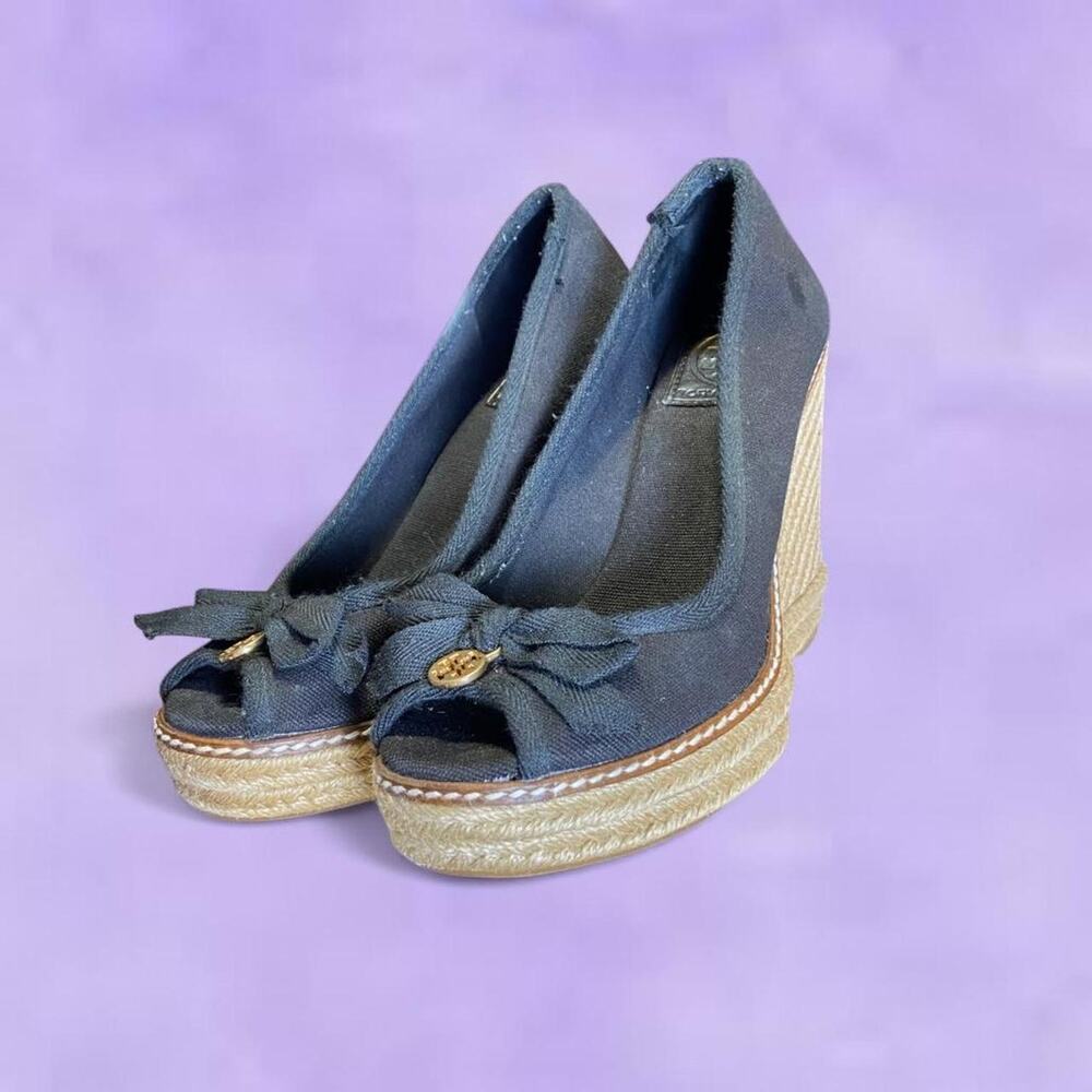 Tory Burch black peep toe wedges